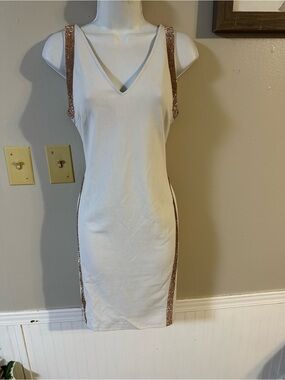 White V-Neck Mini Dress with Rose Gold Sequin Accents